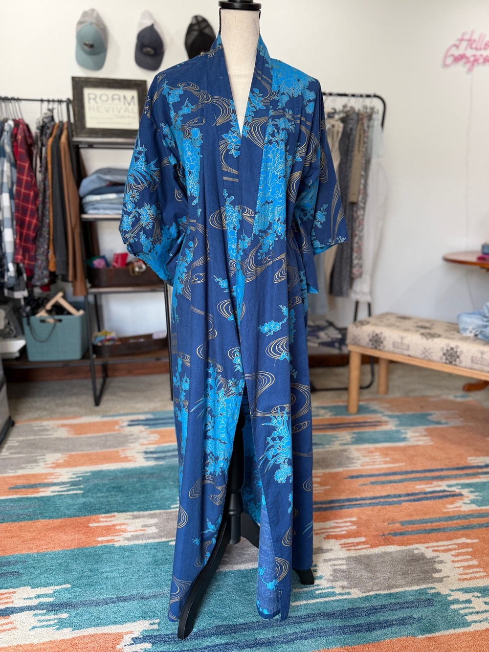 Blue Cotton Floral Kimono Coat - Women's Long Open Front Jacket - Made in Japan